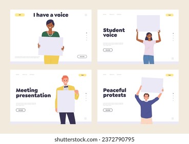 Peaceful protests, meeting and demonstration of people landing page design website template set