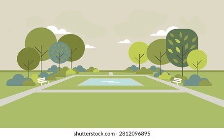 Peaceful public park landscape with a clean central pond, paved walking paths, empty benches, and lush green trees.