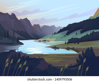 Peaceful and quiet uninhabited landscape of mountain valley with a lake surrounded by rocks, lost in a forest. beautiful nature reserve concept vector illustration