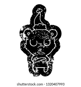 peaceful quirky cartoon distressed icon of a polar bear wearing santa hat