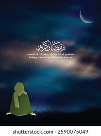 Peaceful Ramadan night with a muslim woman gazing at the crescent moon under a starry sky. Ramadan vibes. The Arabic word reads 'Ramadan Kareem'.