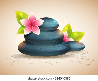 Peaceful and relaxing card with spa items, exotic flowers and pebble stones isolated