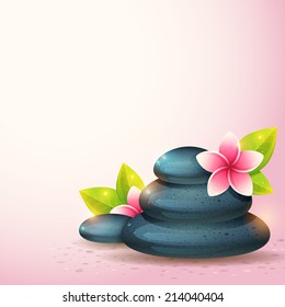 Peaceful and relaxing card with spa items, exotic flowers and pebble stones isolated