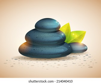 Peaceful and relaxing card with spa items, pebble stones and tropical leaves isolated