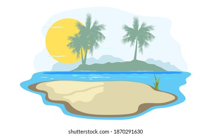 Peaceful and relaxing ocean view, sun over sea, yellow sand and oasis landscape. Vector summer vacation, hot climate, sunbathing on beach design isolated on white background