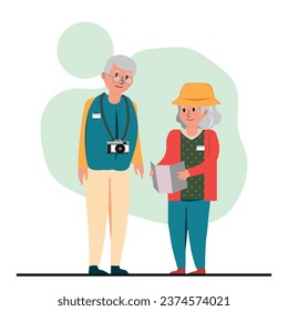 Peaceful retirement concept, Elderly couple touristing. Travel, best age concept. Vector illustration.