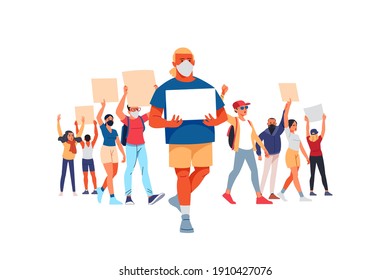 Protesta pacífica por los derechos. Un manifestante sostiene una pancarta vacía. Hombres y mujeres desfilan en participación. Derechos de desfile, piquete para adultos y huelga. La gente sostiene pancartas. Dibujo vectorial de estilo plano