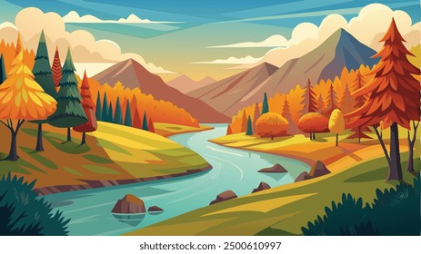 Peaceful River Valley in Autumn , illustration