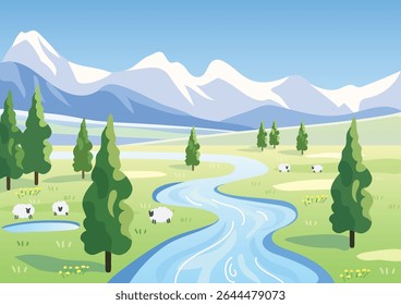 Peaceful River Valley Beneath Snowy Mountains