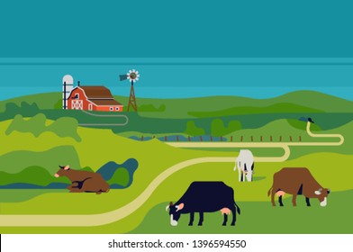 Peaceful rural cattle farm landscape with farm barn, silo and dairy cows in grassland meadows environment