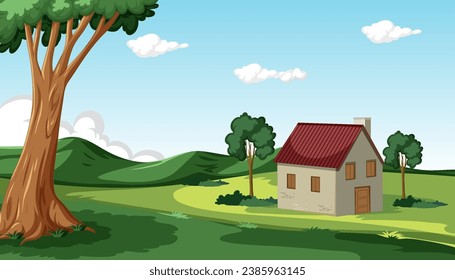 A peaceful rural house nestled amidst lush trees and majestic mountains
