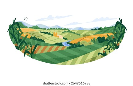 Peaceful rural landscape with cornfields, river, green grass, mountain, trees, hills in flat vector design style. Illustration of outdoor village scenery ideal for agriculture and nature themes