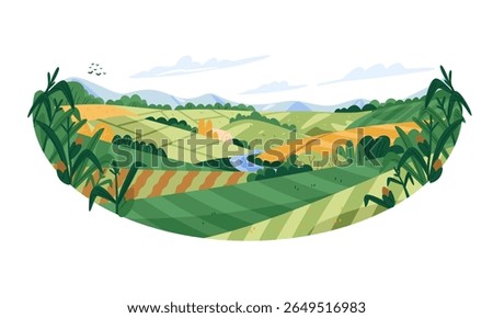 Peaceful rural landscape with cornfields, river, green grass, mountain, trees, hills in flat vector design style. Illustration of outdoor village scenery ideal for agriculture and nature themes