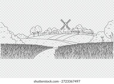 Uma paisagem rural pacífica com um moinho de vento e casas em meio a colinas e verduras exuberantes, evocando uma sensação de tranquilidade e simplicidade.