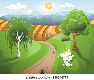 Peaceful rural scenery, trees, crop fields flowers and mountains