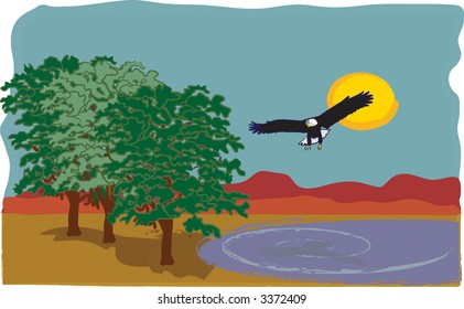 Peaceful scene with eagle flying over lake, it's reflection in the water in this vector illustration.