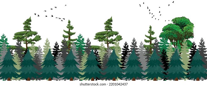 La escena pacífica de un bosque. Árbol, pájaro y otros elementos