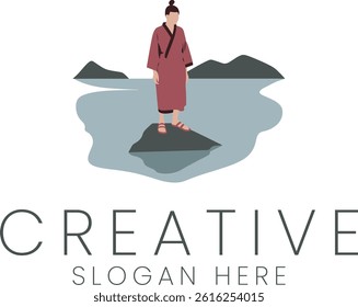 Peaceful scene person wearing kimono standing on rock in calm lake. Minimalist design ideal for