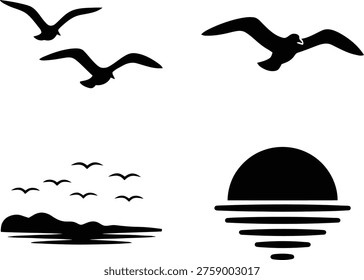 A peaceful scene of seagulls soaring over calm ocean waters at sunset