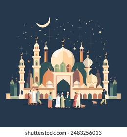 A peaceful scene unfolds in this flat vector illustration. A majestic mosque, bathed in warm light, stands with its crescent moon gleaming. Devout figures, silhouettes in prayer robes