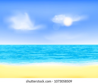 Peaceful sea beach view. Quiet breeze, clouds and sand plage illustration