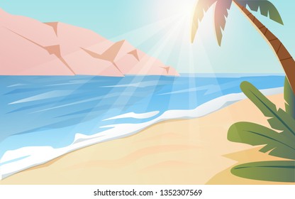 Peaceful sea landscape. Sunny exotic tropical beach. Colorful ocean shore. Vector illustration.