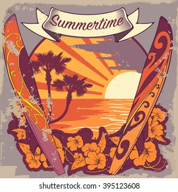 Peaceful sea sunset panorama with two surfboards, tropical plants  and sun rays. Warm palette. Surfing badge. Vintage poster. EPS10 vector illustration.