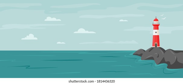 Peaceful seaside landscape with lighthouse on the rock. Vector coastline landscape with beacon. Faros on seashore. Hope symbol, expectation, solitude or goal concept. Navigational and travel concept. 