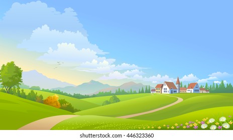 A peaceful settlement in the midst of lush green meadows