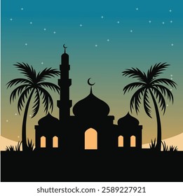 A peaceful silhouette of a mosque at dusk, nestled amongst palm trees in a desert landscape.