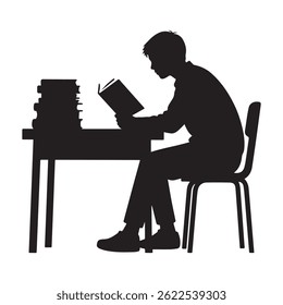 Uma silhueta pacífica de um estudante profundamente absorto em ler um livro em uma mesa, simbolizando foco, curiosidade e a busca silenciosa do conhecimento.