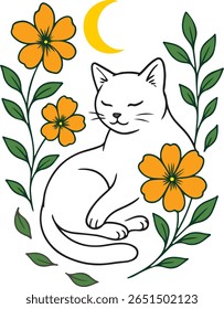 Peaceful sleeping cat surrounded by blooming orange flowers and green leaves with a yellow crescent moon on a white background