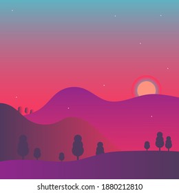 Peaceful soothing gradient nature scene with sunrise and mountain summit silhouette. Meditation themed skyline background art. Relaxed violet idyllic and colorful colors. Serene fantasy space vector.