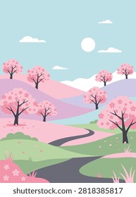 A peaceful spring landscape vector illustration featuring blooming cherry blossom trees, rolling pastel hills, and a winding path under a soft sky.