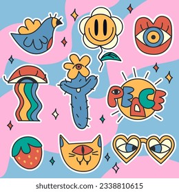 Peaceful stickers set in retro style. vintage bright, groovy print 70s,2000.Y2k.Vector flat illustration.