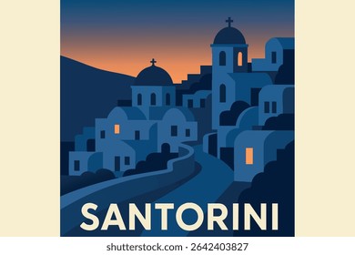 The peaceful streets of Santorini are bathed in the warm glow of sunset, with the iconic whitewashed buildings and blue domes reflecting the soft hues of the evening light. 