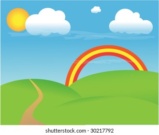 Peaceful summer landscape with rainbow