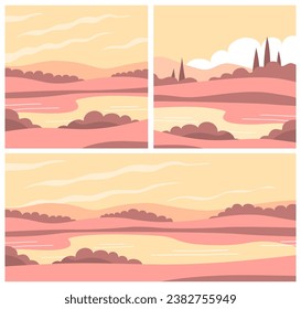 Peaceful summer nature landscape. Panorama with forest, cypress, fields, sky and lake. Calm morning. Rural scener. Flat vector illustration. Set image