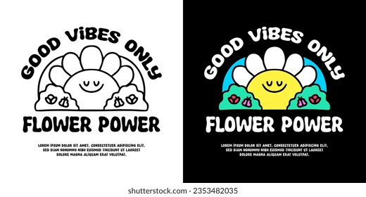 Peaceful sunflower with flower power typography, illustration for logo, t-shirt, sticker, or apparel merchandise. With doodle, retro, groovy, and cartoon style.