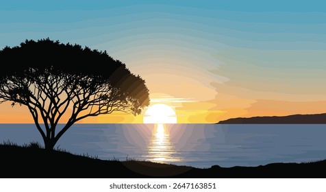 Peaceful Sunrise Over Calm Water With Silhouette Tree