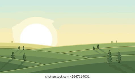 Peaceful Sunrise Over Rolling Green Hills with Trees
