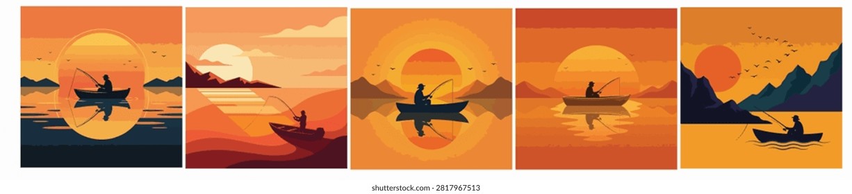 Peaceful Sunset Fishing Vector Illustrations Featuring a Solitary Fisherman in a Boat on Calm Waters