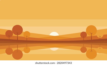 Peaceful sunset over a calm lake with minimalist autumn trees reflecting on the water surface in warm orange hues.
