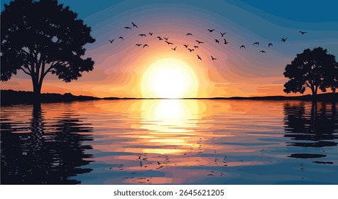 Peaceful Sunset Over Calm Water with Silhouettes