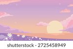 Peaceful sunset over lavender field with big sun and starry sky