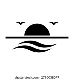 Peaceful sunset scene over calm water with birds flying silhouette