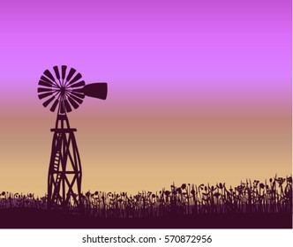 a peaceful sunset vector landscape with a windmill and field wild herbs and flowers;  hand drawn; sketched elements; old antique aeromotor windmill used to pump water 