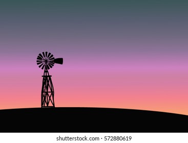 a peaceful sunset vector landscape with a windmill and field wild herbs and flowers; hand drawn; sketched elements; old antique aeromotor windmill used to pump water