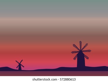 a peaceful sunset vector landscape with windmills and field; with hand drawn; sketched elements; with a sunrise or sunset background; old antique european windmill