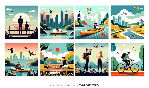 Peaceful sunset watching scene, vector illustration in flat design, featuring silhouettes against a twilight sky, ideal for travel themes.